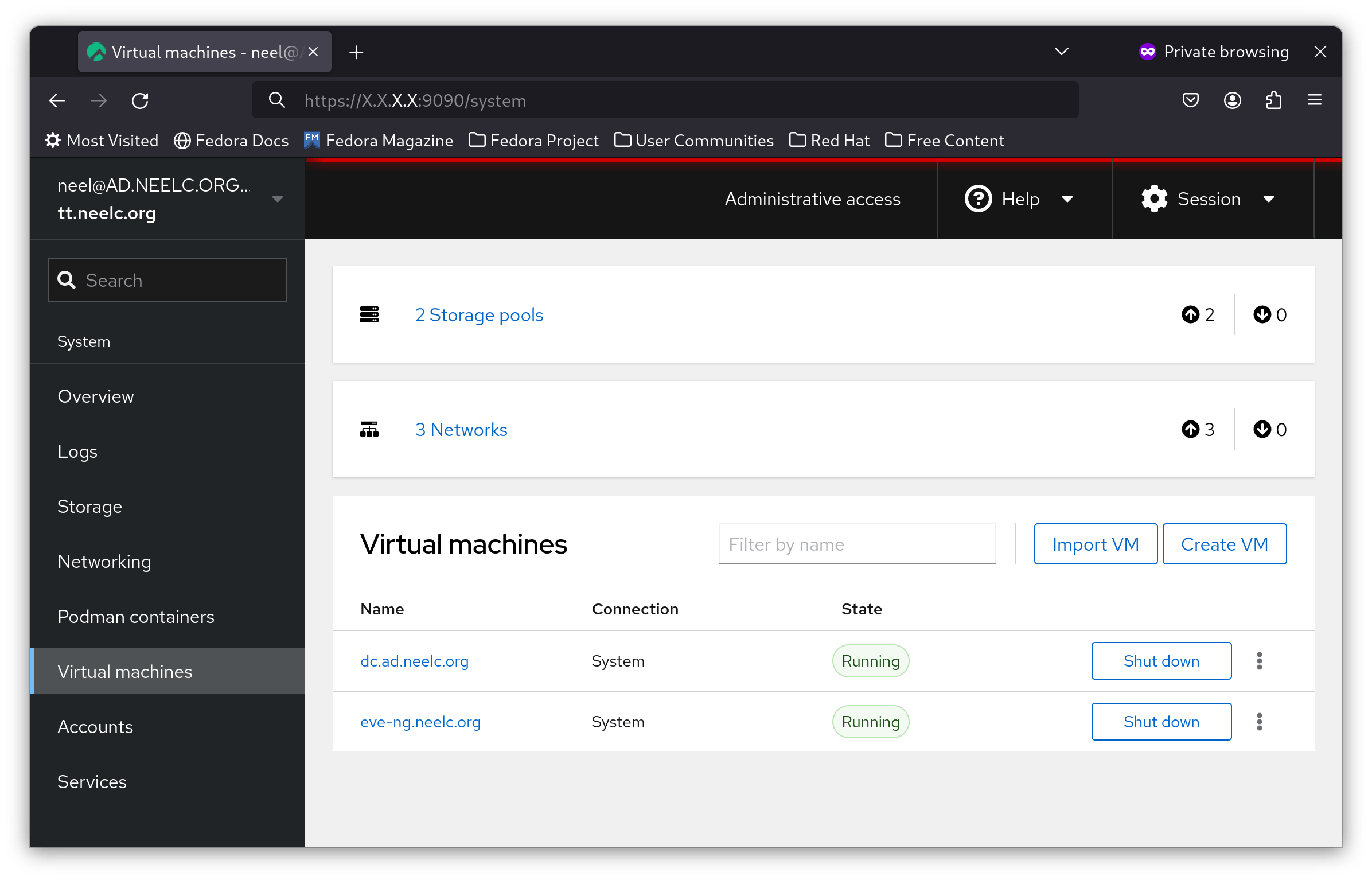 Cockpit Virtual Machine dashboard