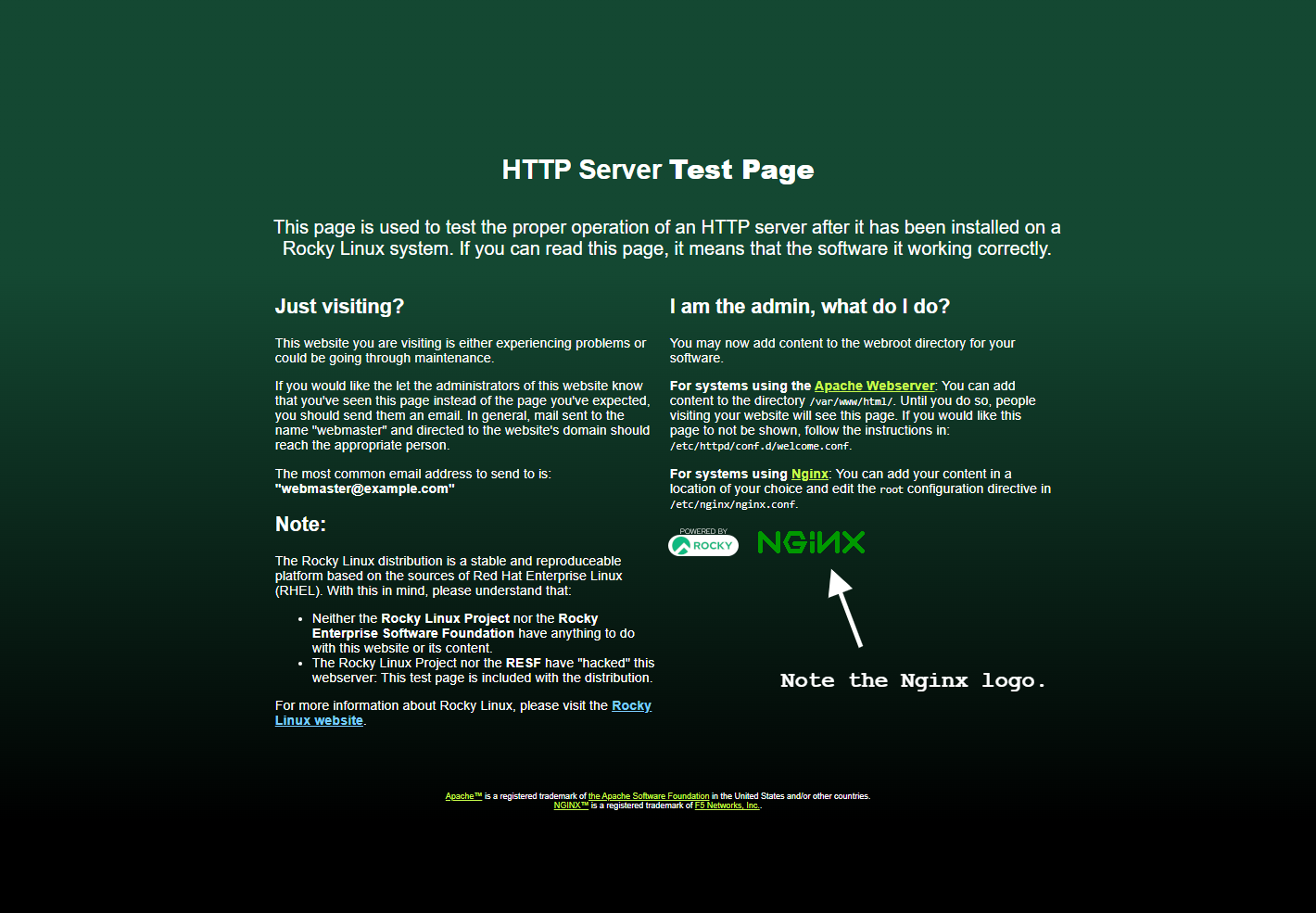 A screenshot of the default Rocky Linux Nginx welcome page